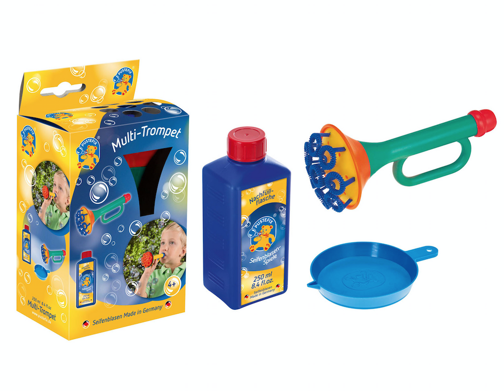 A green, orange, yellow and blue bubble trumpet with blue dip tray and bottle of bubble solution next to the box it all comes packaged in. 