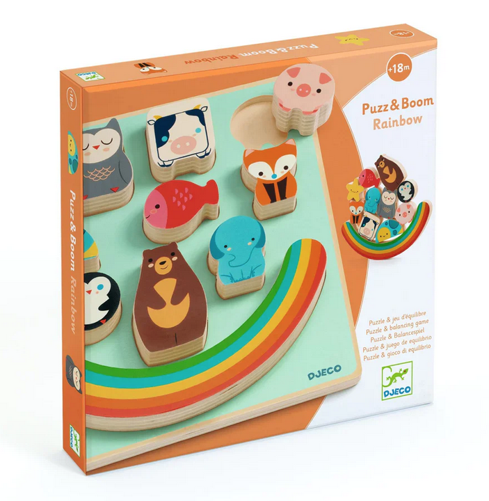 Puzz & Boom Rainbow box with picture of the wooden animals and puzzle.