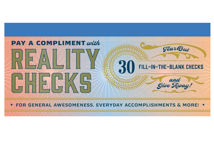 Cover of the Reality Checks checkbook. Looks like an old school bank book with gold foil lettering.