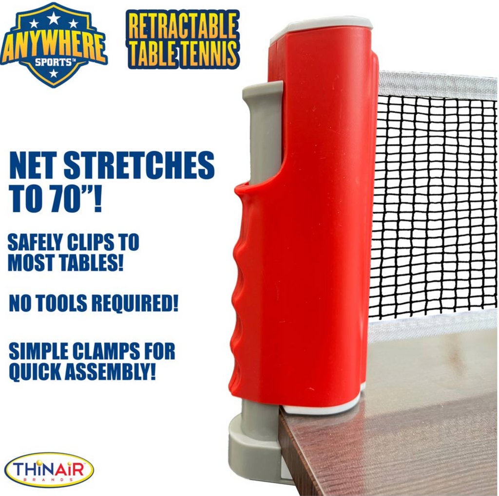Close up of end of table tennis net that stretches to 70 inches, safely clips to most tables, no tolls required, simple clamps for quick assembly.