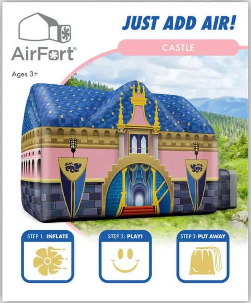 Royal Castle Airfort box cover with picture of the castle inflated and graphics that show you use a box fan to inflate the fort and it comes with a storage bag.