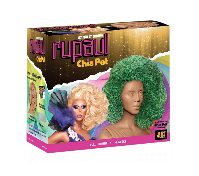 RuPaul Chia Pet box with a color photo of Rupaul looking fabulous besdie the ceramic plant pot with full growth.