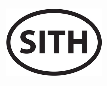 Oval white magnet with black outline and lettering that reads "Sith"