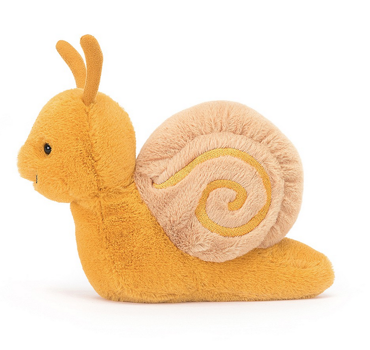 Sandy Snail side view with her light brown swirled shell and golden yellow body and antennae. 