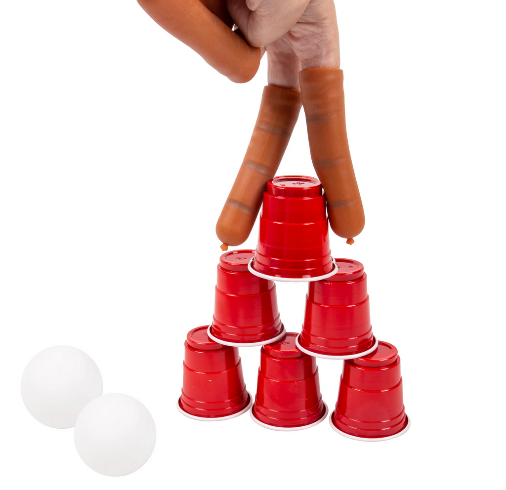 Picture of a real hand with the sausage fingers trying to pick up a miniature red solo cup. 