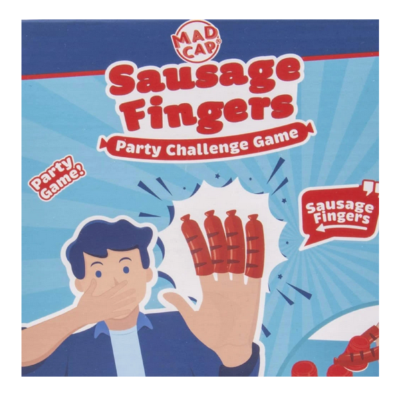 Cover of the box for Sausage Fingers game with an illustration of a player with the sausages on his fingers.