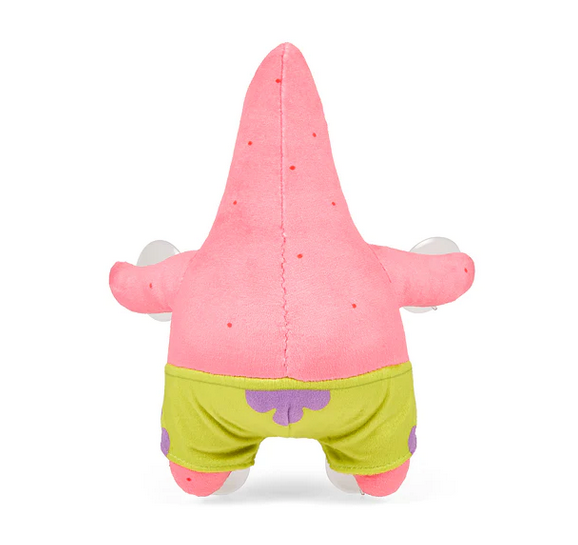 Rear view of Patrick Scared window cling with his bright pink skin and starfish shaped bodyand green and purple floral shorts. 