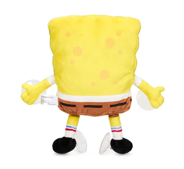 Back view of plush SpongeBob SquarePants with his bright yellow sponge body and white and brown pants. 