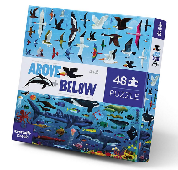Above and below 48 piece puzzle box with cover art featuring animals that fly and others that live under the sea.