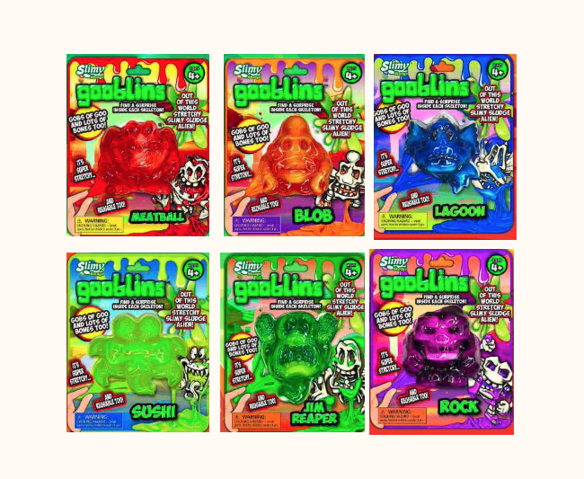 Six assorted Slimy Sludge Gooblins packaged in clear plaxtic and attached to colorful backing cards. 