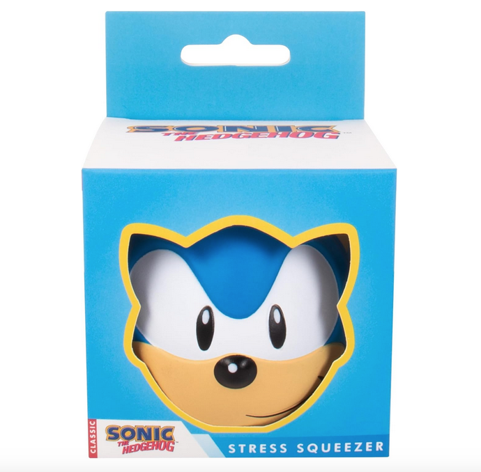 Stress ball with Sonic the Headgehog face inside a blue and white box with front open to see and feel the stress ball. 