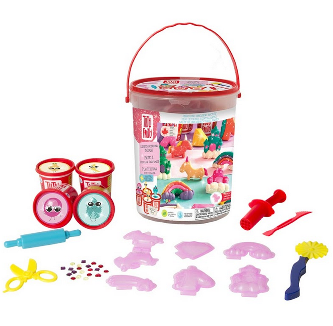 Sparkling Unicorn Tutti Frutti Dough Bucket with the included molds and kitchen utensils, as well as the deliciously scented sparkling dough.