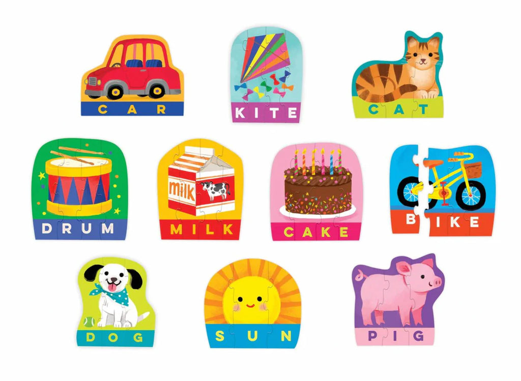 Each of the included puzzles with an image and spelling. Such as "dog, pig, cake"