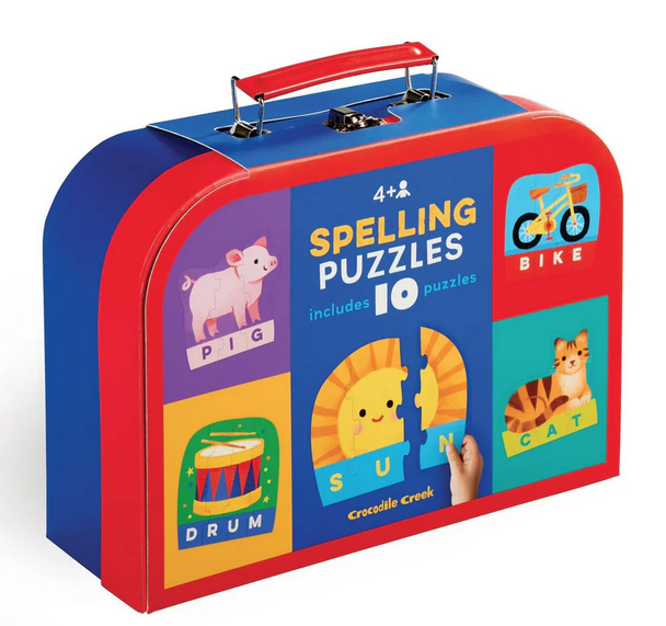 Storage case featuring red cover and handle with illustrations of some of the Spelling puzzles included.