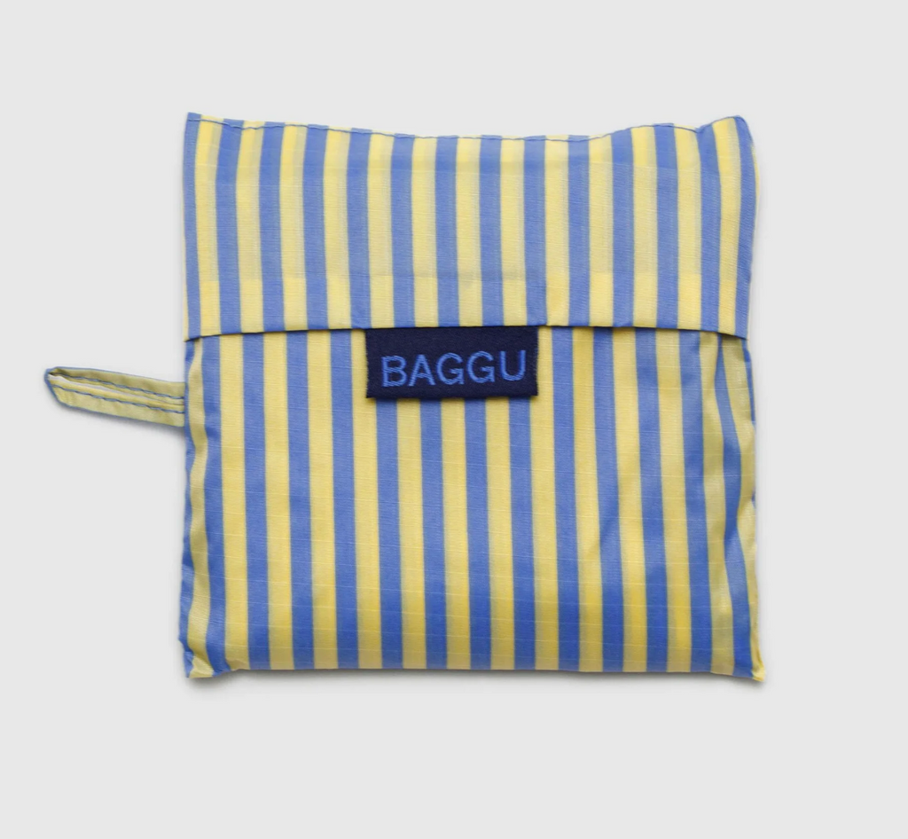 Blue Thin Stripe standard Baggu folded in it's matching pouch.