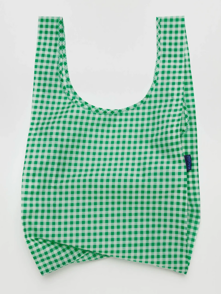 Green Gingham Standard Baggu out of it's carrying case and unfolded.