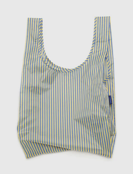 The Blue Thin Stripe standard Baggu bag with pale yellow and light blue horizontal stripes. 