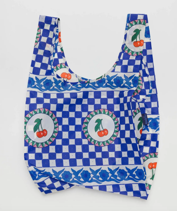 Cherry Tile standard size Baggu bag with blue and white with cherries print.