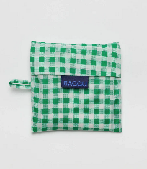 Green Gingham Standard Baggu folded into it's matching carrying case.