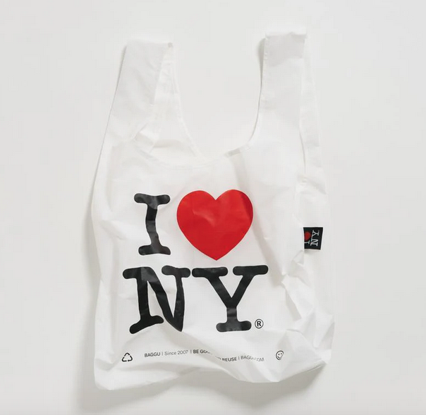 I Love NY standard Baggu with white background, black letters and red heart.