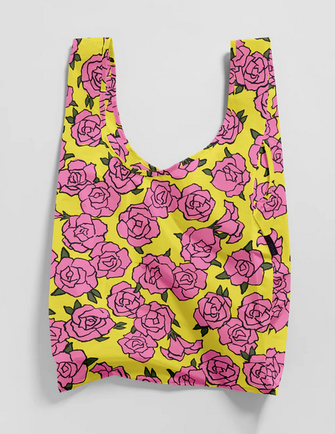 Standard Baggu with yellow background and pink roses print.