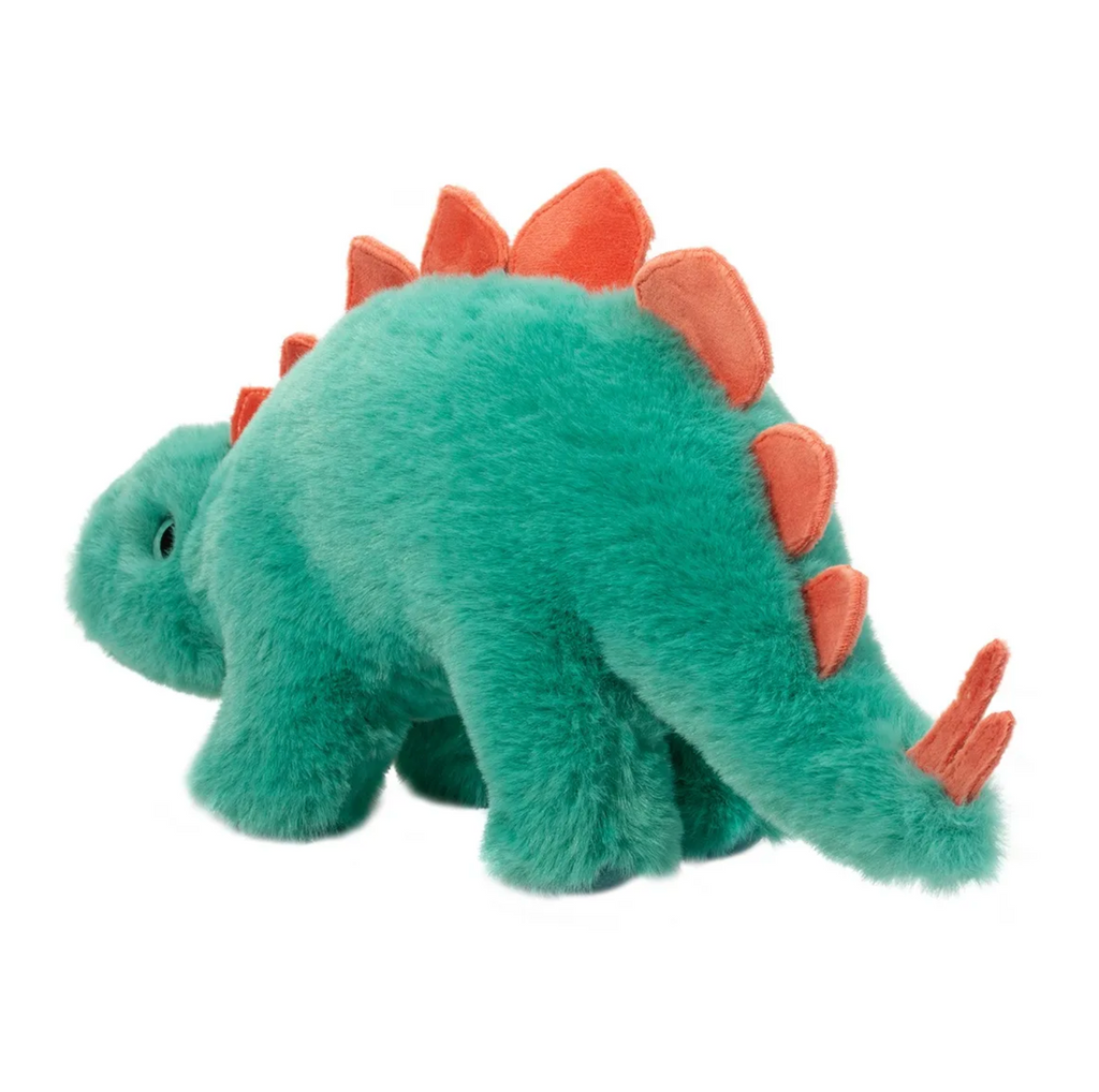 Rear view of Stompie Stegosaurus with his long green tail full of orange spikes.