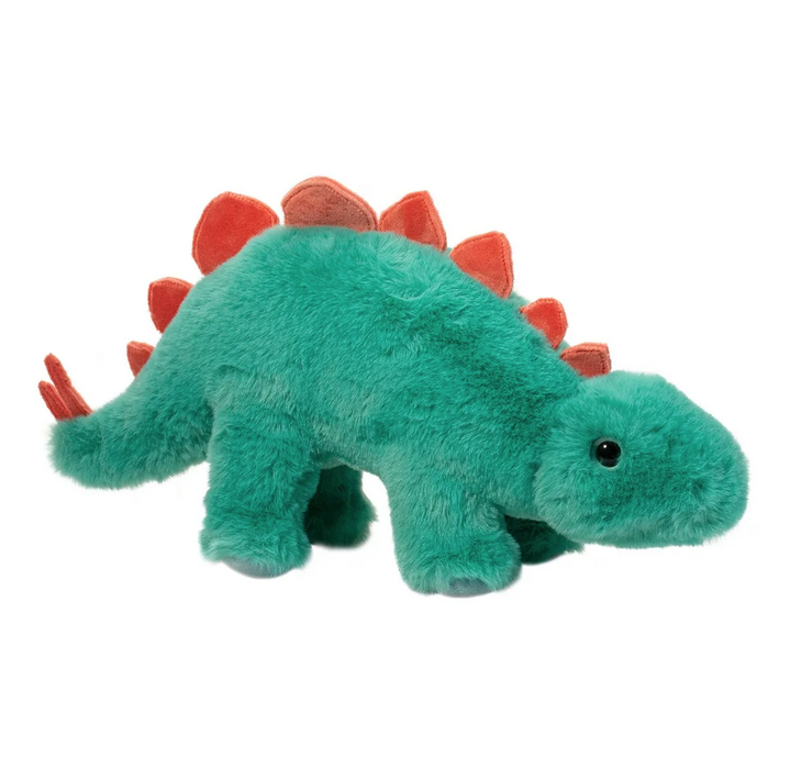 Green dinosaur with orange spikes plush.