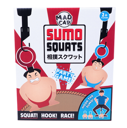 Box cover art for Sumo Squats game. With a red and white background and illustrations of the Sumo wrestlers game pieces. 