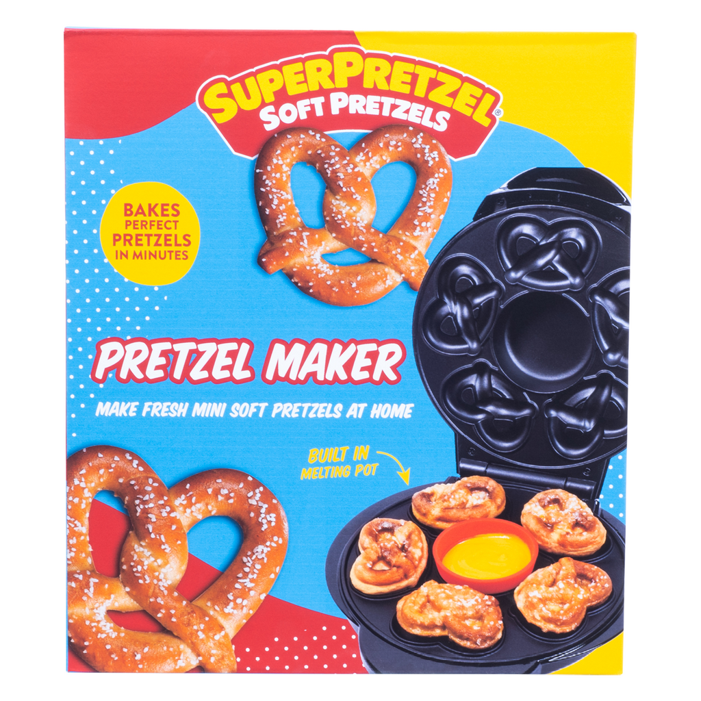 Box cover for the SuperPretzel Maker with bright blue background and picture of five mini pretzels and cheese freshly made.