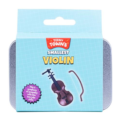 The Teeny Town Violin in a silver aluminum box with a picture of the tiny violin. 