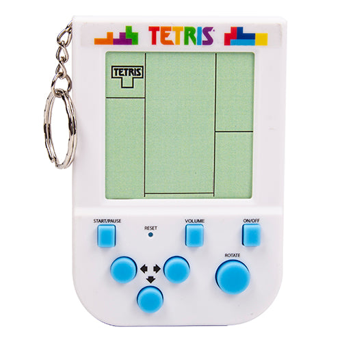 Close up picture of the Tetris Keyring Arcade with white game and blue buttons for game play.