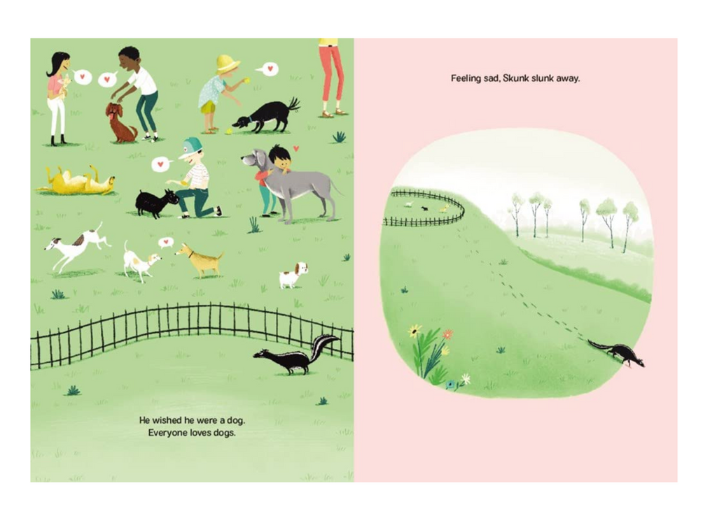 Interior pages showing main character Skunk wishing he was a dog so he could have a family.