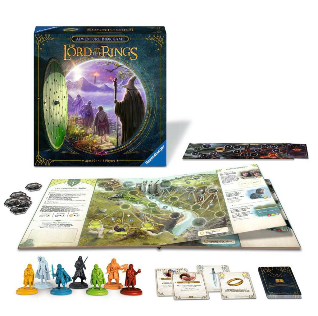 Lord of the Rings Adventure Book game box with book, games pieces, cards, tiles, and game board.