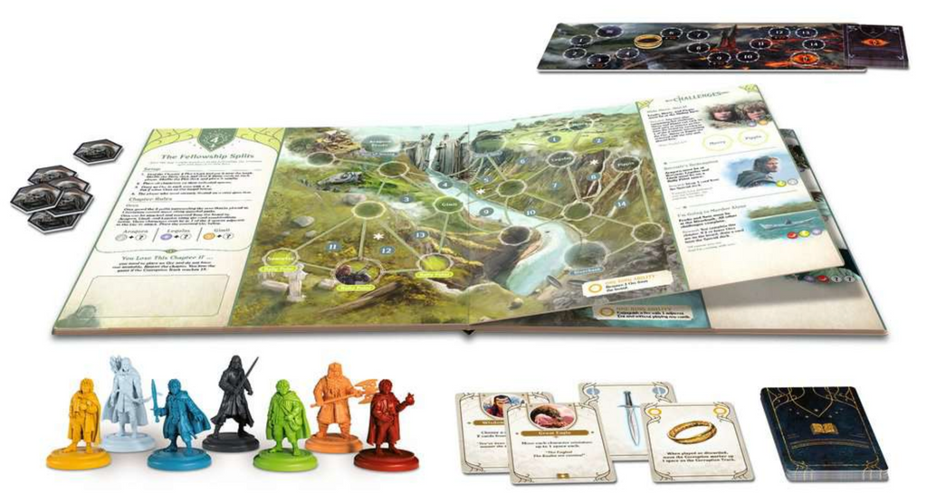 Close up of Adventure book, game pieces, cards, and game board.