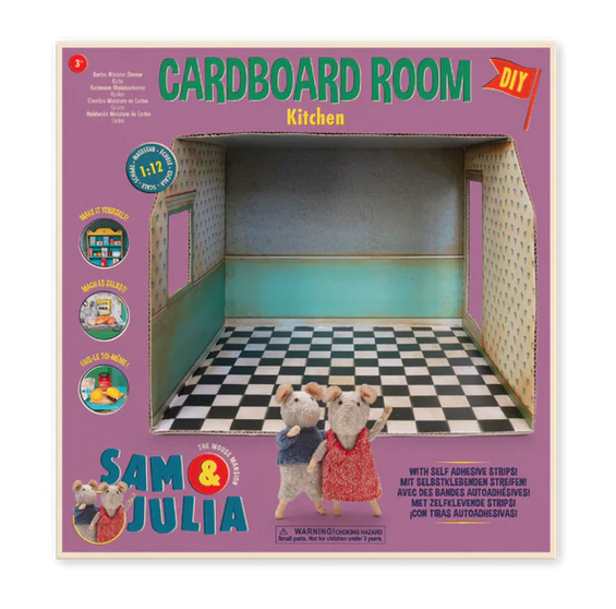 Cover of The Mouse Mansion Cardboard Room Kitchen with a picture of the assembled room and Sam and julia on the front.