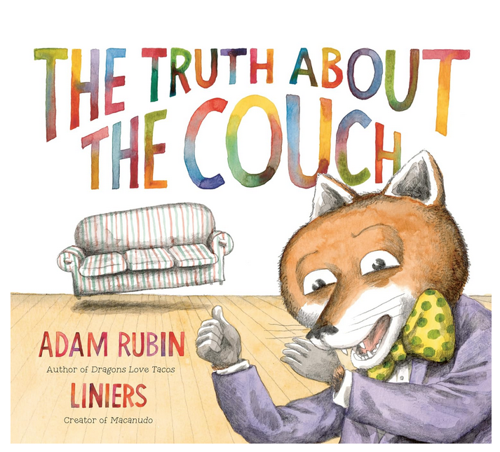 COver of "The Truth About The Couch" with colorful lettering for the title and the main character illustrated and pointing to a couch.