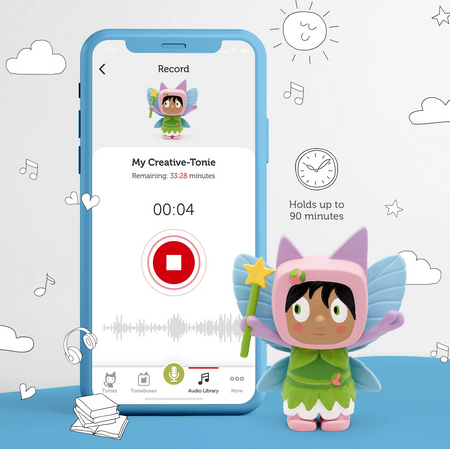 Fairy Creative Tonies alongside a smartphone with the mytonies app on screen. 