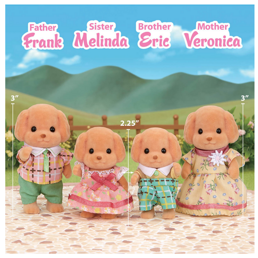 Father, mother, and twin sibling Calico Critters Toy Poodle family figures and their measurements.