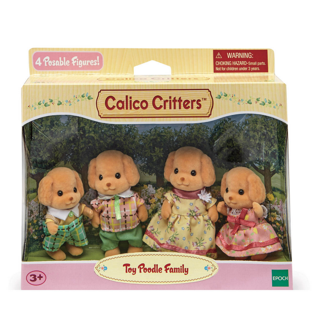 Calico Critters Toy Poodle Family figures in their display box.
