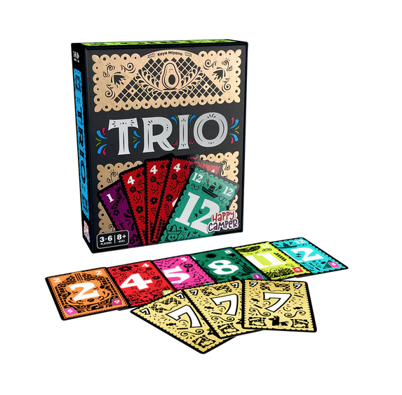 The Trio game box with a selection of playing cards in front of it. Thge box and each numbered cards are illustrated with bright colors to look like mexican paper flags.