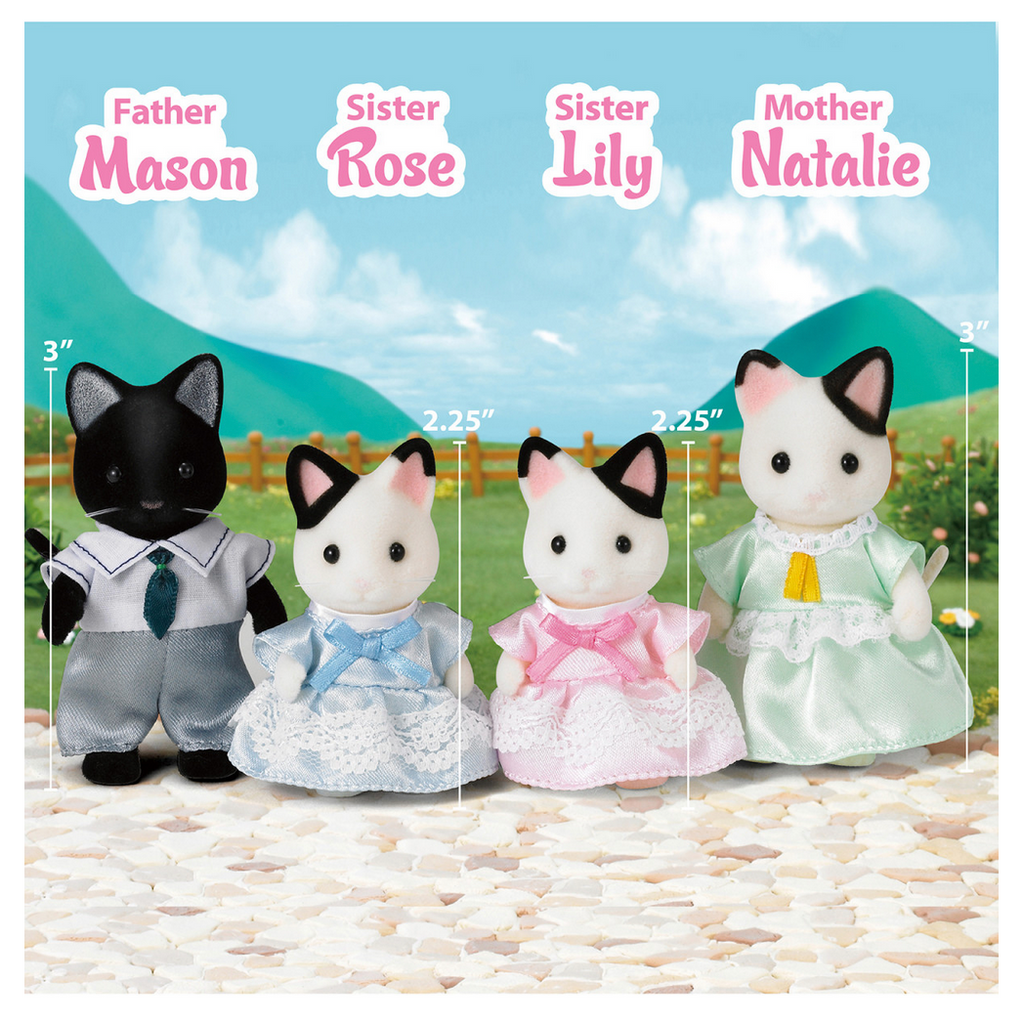 Photo showing the 4 members of the Tuxedo Cat Family figures and their measurements.