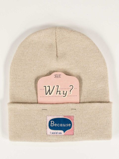 Off white cream knit beanie with Because I Said So tag in pink and light pink with a blue word bubble. Also has removeable cardboard tag that says Why?