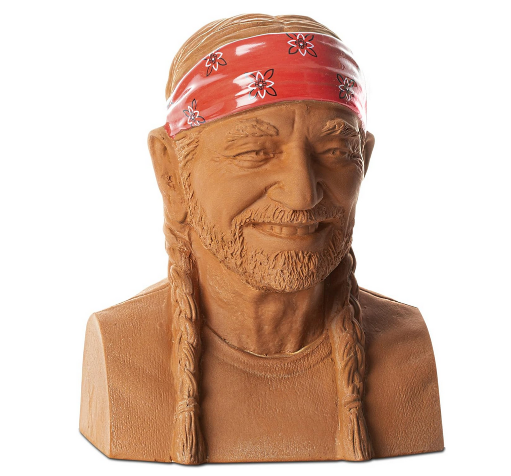 Ceramic chia pet planter with likeness of Willie Nelson  wearing his signature red bandana.