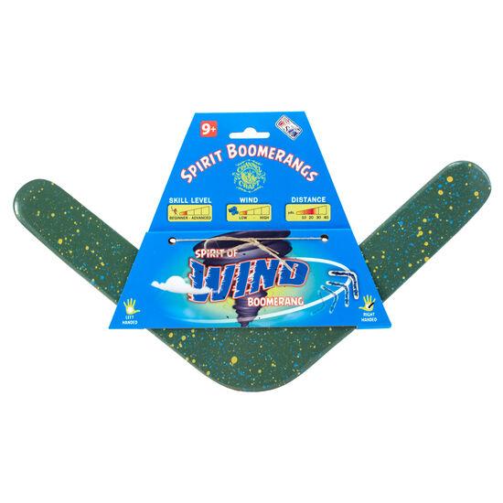 Green boomerang with yellow and blue paint splatters packaged on a blue hangcard.