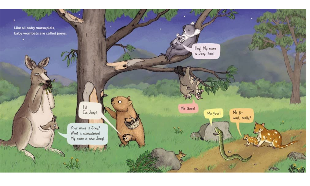 Interior page shows a wombat baby called a joey with other creatures that also have young called joeys.