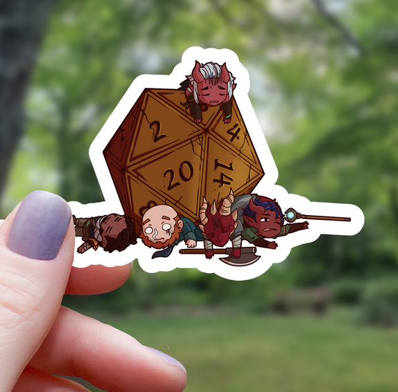 Hand holding sticker with illustrated D20 dice with various D&D characters.