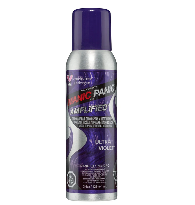 Bottle of Manic Panic Ultra Violet spray on hair color. 