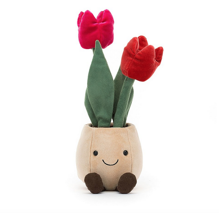 Plush Amuseable Tulip Pot. Dark red and bright pink tulips with green leaves in a plush tan pot. 