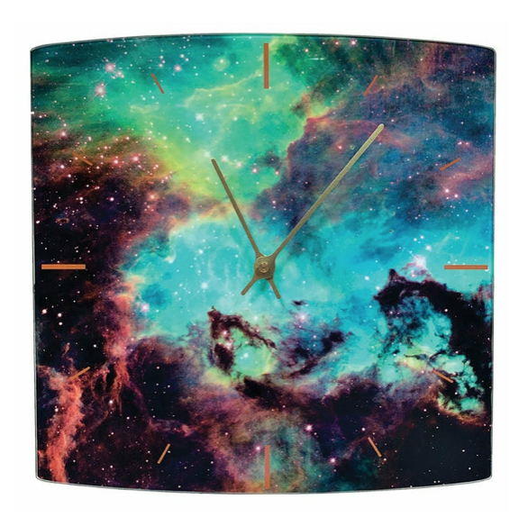 Square glass clock. Clockface has an astrophotography image of the Firestorm Nebula.