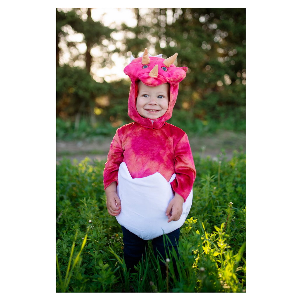 Toddler wearing Baby Triceratops in an egg costume.